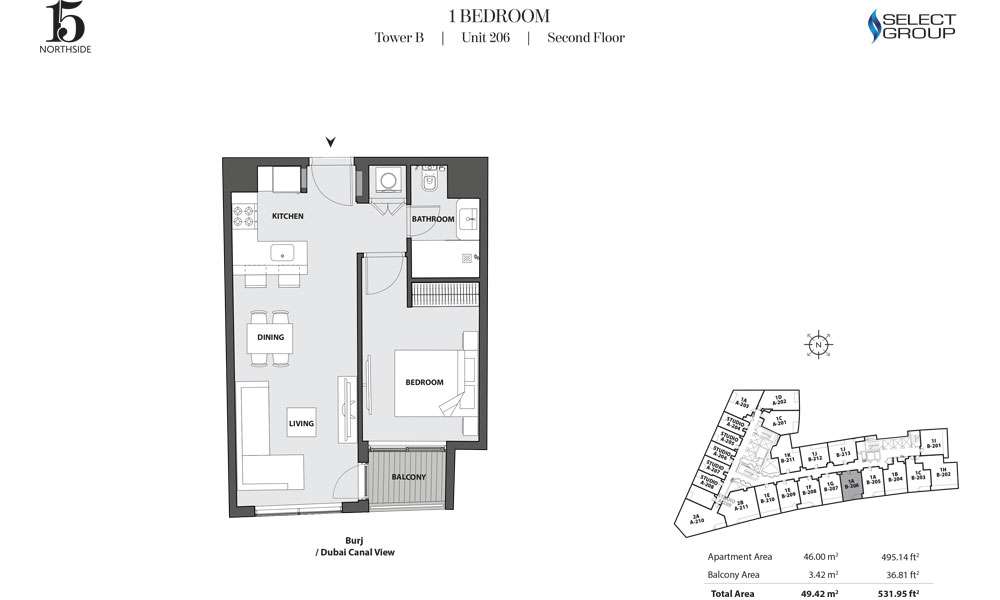 Tower B, 1 Bedroom, Unit 206, Second Floor